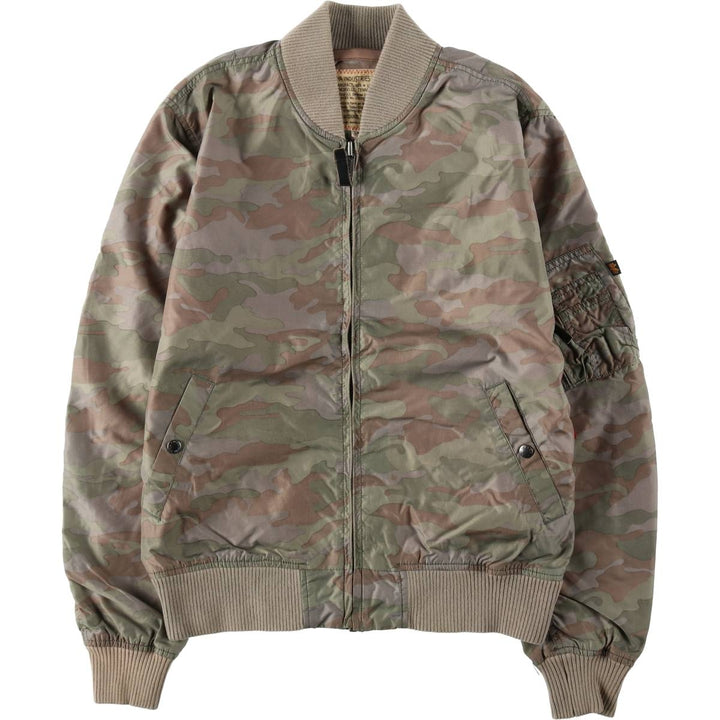 Civilian-made Alpha Industries MA-1 type camouflage pattern (woodland camo) military flight jacket, men's size L equivalent. Nylon Khaki type Vintage Second Hand