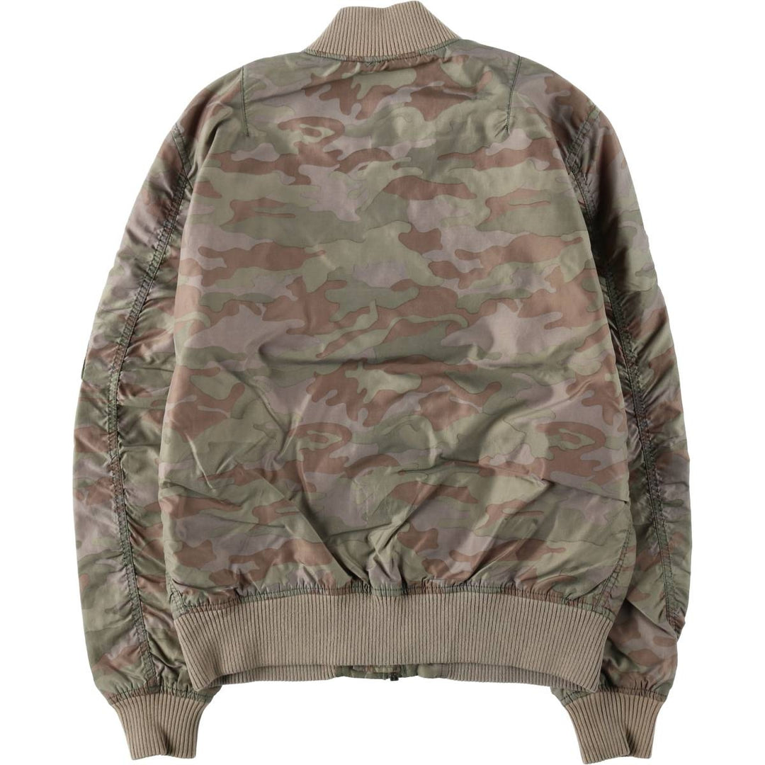 Civilian-made Alpha Industries MA-1 type camouflage pattern (woodland camo) military flight jacket, men's size L equivalent. Nylon Khaki type Vintage Second Hand