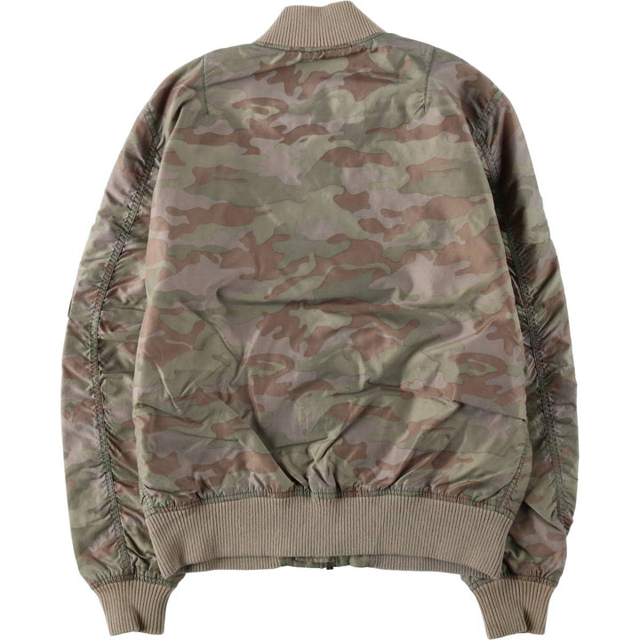 Civilian-made Alpha Industries MA-1 type camouflage pattern (woodland camo) military flight jacket, men's size L equivalent. Nylon Khaki type Vintage Second Hand