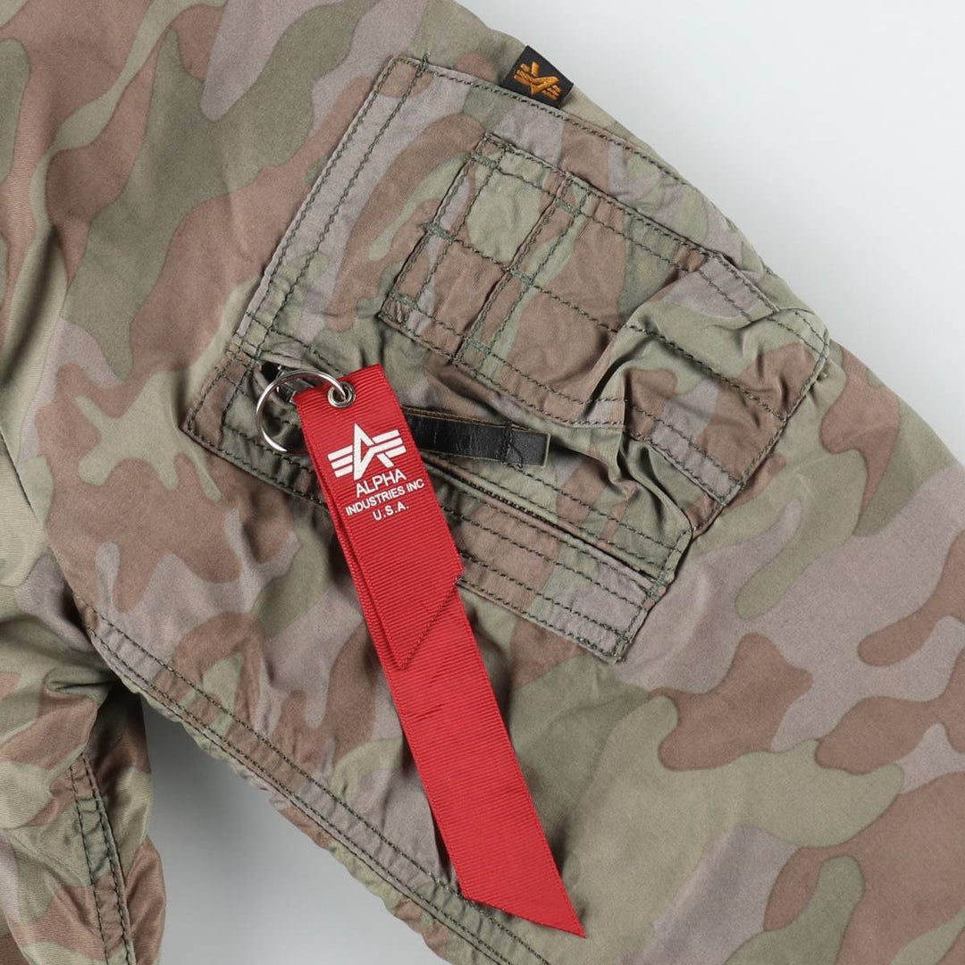 Civilian-made Alpha Industries MA-1 type camouflage pattern (woodland camo) military flight jacket, men's size L equivalent. Nylon Khaki type Vintage Second Hand