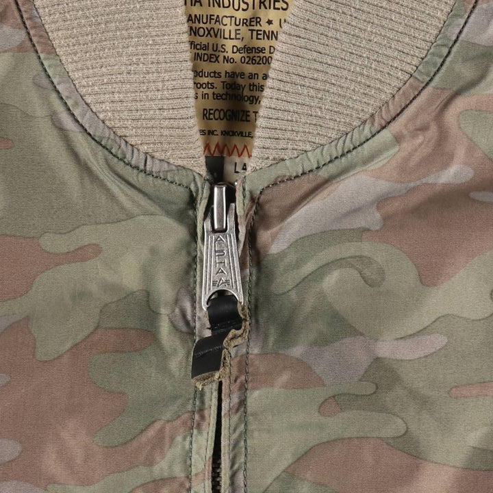 Civilian-made Alpha Industries MA-1 type camouflage pattern (woodland camo) military flight jacket, men's size L equivalent. Nylon Khaki type Vintage Second Hand