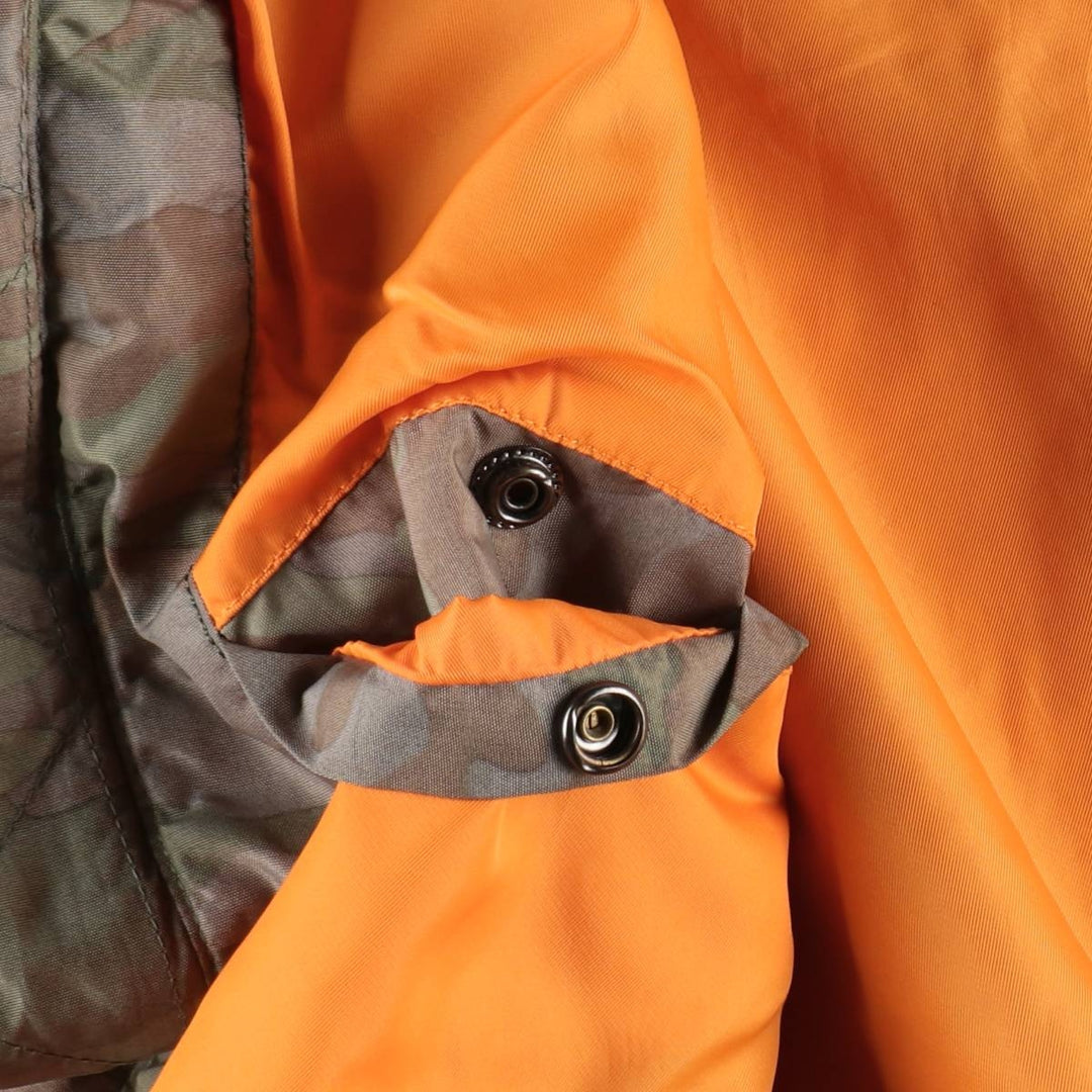 Civilian-made Alpha Industries MA-1 type camouflage pattern (woodland camo) military flight jacket, men's size L equivalent. Nylon Khaki type Vintage Second Hand