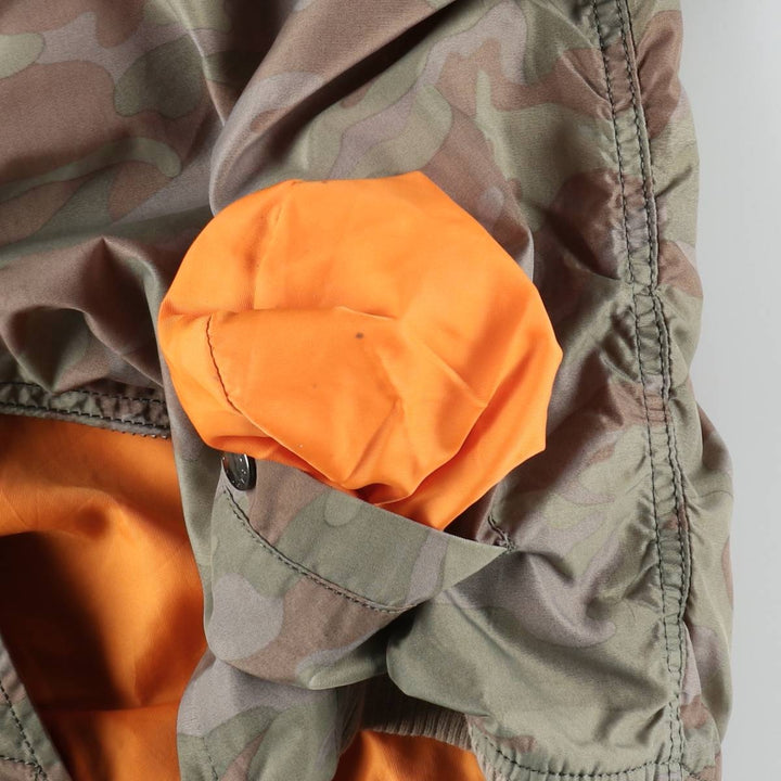 Civilian-made Alpha Industries MA-1 type camouflage pattern (woodland camo) military flight jacket, men's size L equivalent. Nylon Khaki type Vintage Second Hand