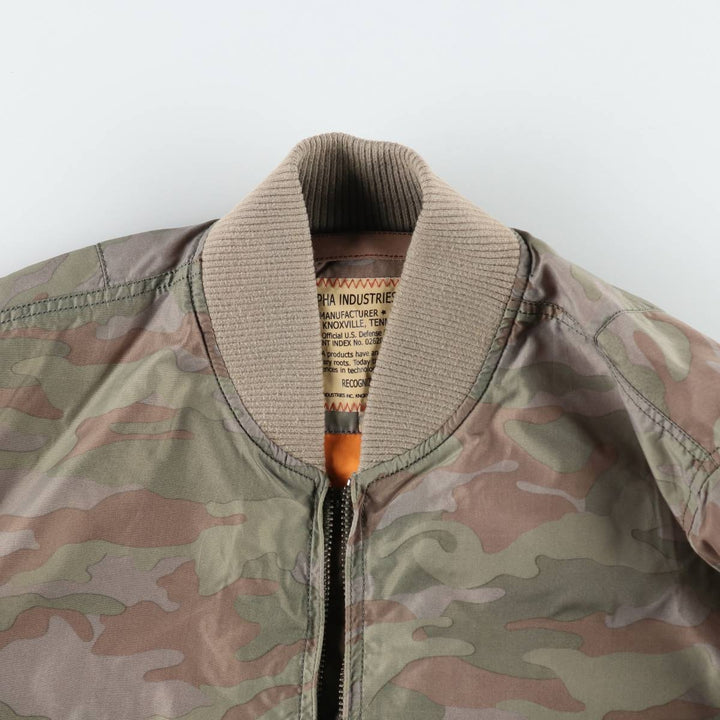 Civilian-made Alpha Industries MA-1 type camouflage pattern (woodland camo) military flight jacket, men's size L equivalent. Nylon Khaki type Vintage Second Hand