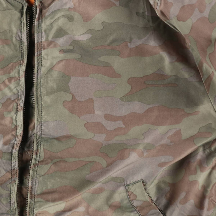 Civilian-made Alpha Industries MA-1 type camouflage pattern (woodland camo) military flight jacket, men's size L equivalent. Nylon Khaki type Vintage Second Hand