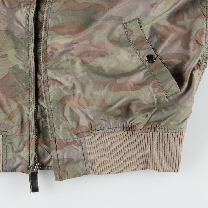 Civilian-made Alpha Industries MA-1 type camouflage pattern (woodland camo) military flight jacket, men's size L equivalent. Nylon Khaki type Vintage Second Hand