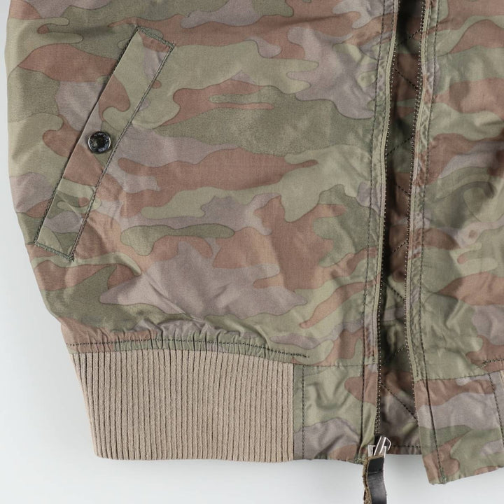 Civilian-made Alpha Industries MA-1 type camouflage pattern (woodland camo) military flight jacket, men's size L equivalent. Nylon Khaki type Vintage Second Hand