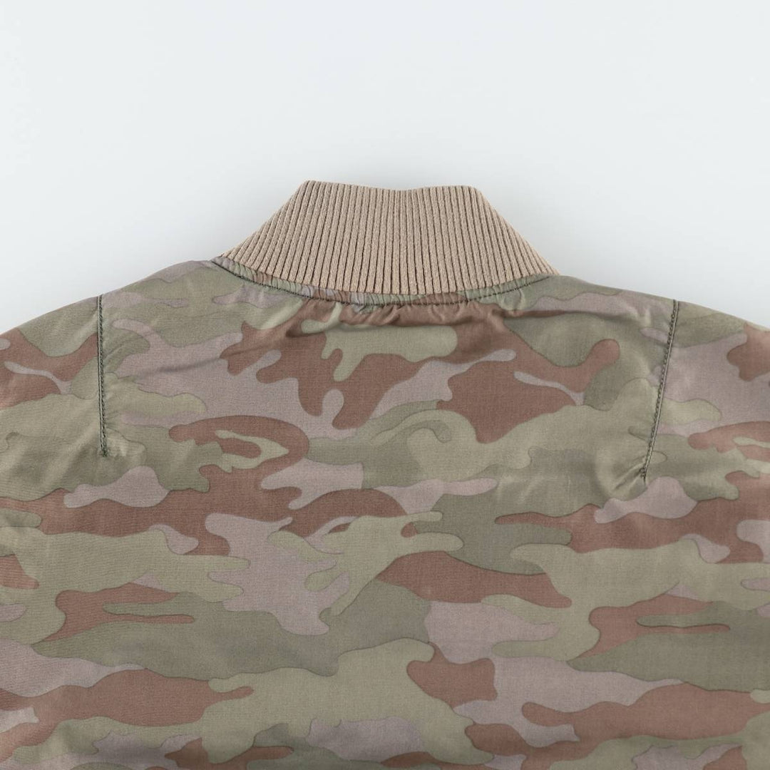 Civilian-made Alpha Industries MA-1 type camouflage pattern (woodland camo) military flight jacket, men's size L equivalent. Nylon Khaki type Vintage Second Hand