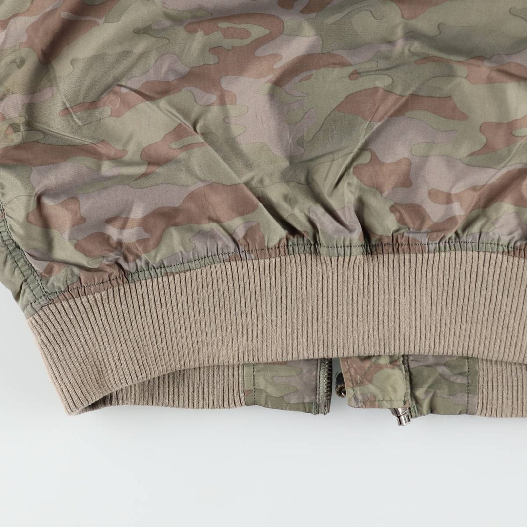 Civilian-made Alpha Industries MA-1 type camouflage pattern (woodland camo) military flight jacket, men's size L equivalent. Nylon Khaki type Vintage Second Hand