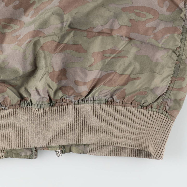 Civilian-made Alpha Industries MA-1 type camouflage pattern (woodland camo) military flight jacket, men's size L equivalent. Nylon Khaki type Vintage Second Hand