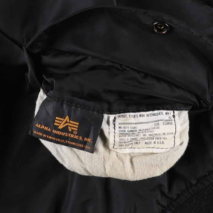 90'S civilian Alpha MA-1 style padded military flight jacket, made in the USA, men's size XL, vintage Nylon black type Vintage Second Hand