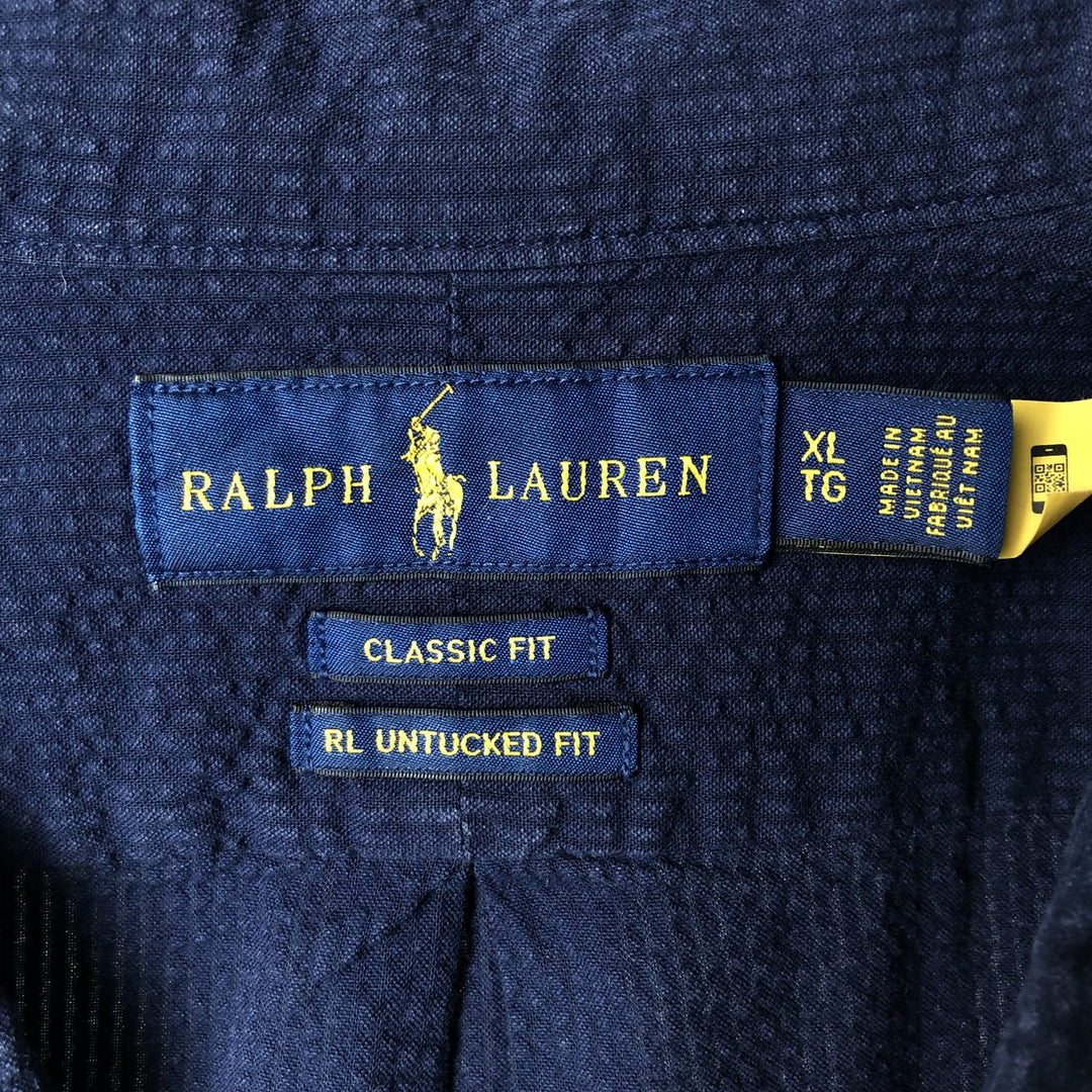 Ralph Lauren CLASSIC FIT RL UNTUCKED FIT Seersucker Short-Sleeve Button-Down Shirt, Men's Size XL (approx.) cotton navy blue type Vintage Second Hand
