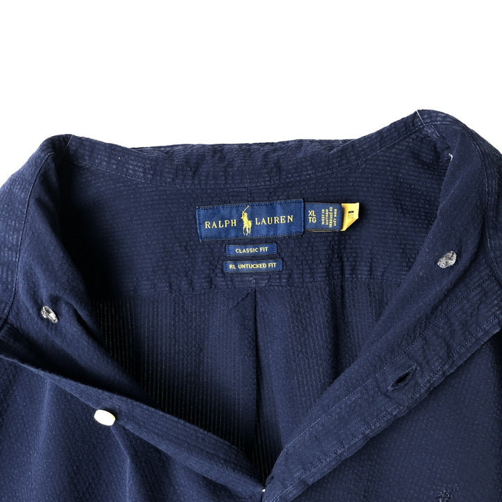 Ralph Lauren CLASSIC FIT RL UNTUCKED FIT Seersucker Short-Sleeve Button-Down Shirt, Men's Size XL (approx.) cotton navy blue type Vintage Second Hand