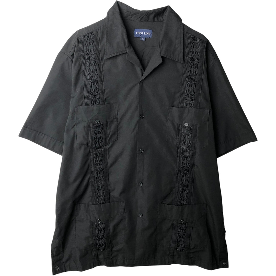 FIRST LINE Short-Sleeve Open-Collar Mexican Shirt, Cuban Shirt, Boxy Shirt, Men's Size XL (approx.) polyester black type Vintage Second Hand