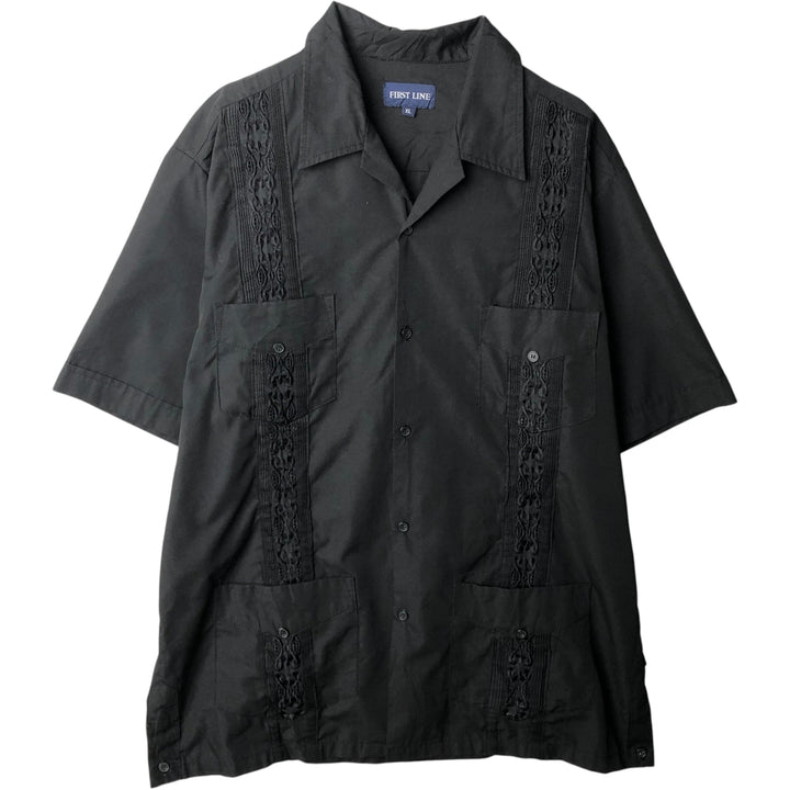 FIRST LINE Short-Sleeve Open-Collar Mexican Shirt, Cuban Shirt, Boxy Shirt, Men's Size XL (approx.) polyester black type Vintage Second Hand