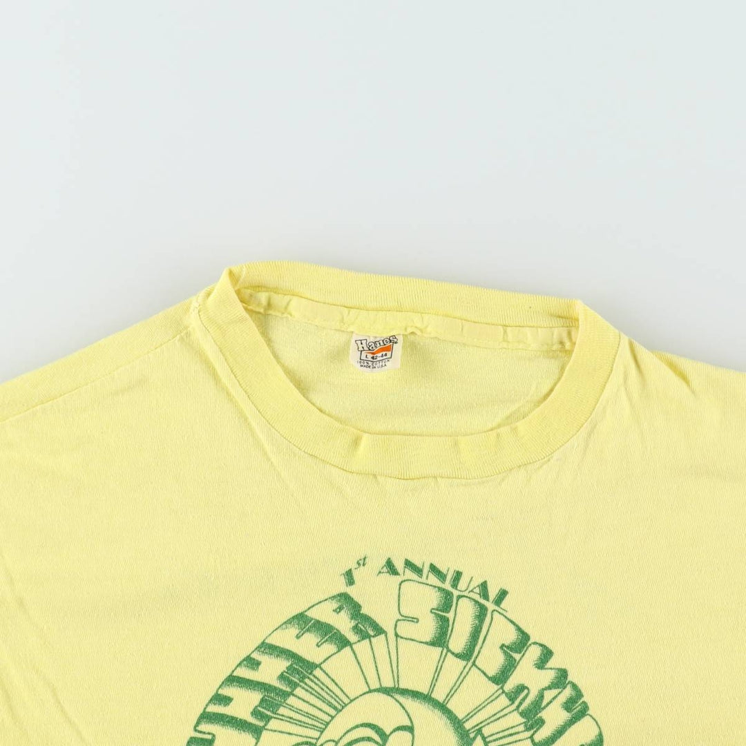 80'S Hanes Triangle Tag Printed T-Shirt, Made in USA, Men's Size L (Equivalent), Vintage cotton yellow type Vintage Second Hand