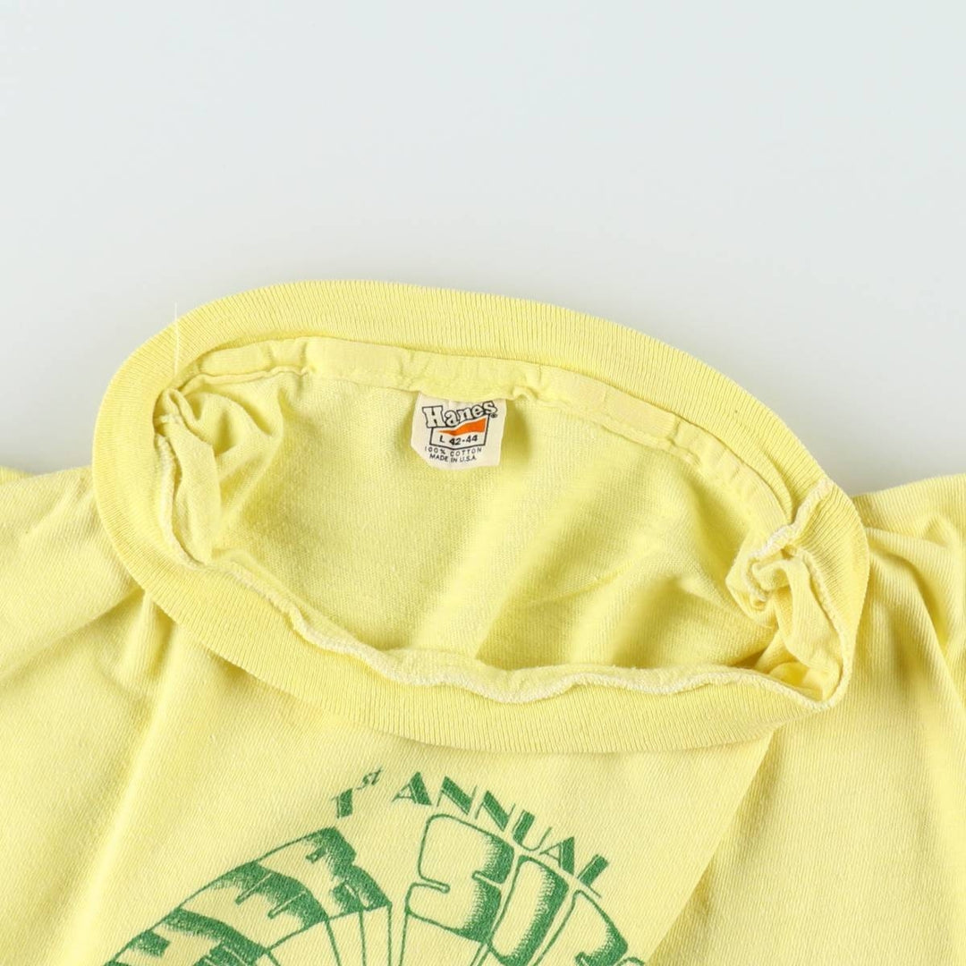 80'S Hanes Triangle Tag Printed T-Shirt, Made in USA, Men's Size L (Equivalent), Vintage cotton yellow type Vintage Second Hand
