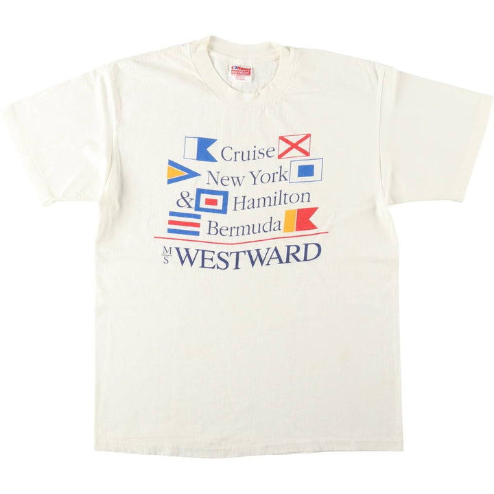 Vintage 90'S Hanes Heavyweight Printed T-shirt, Made in USA, Men's L size cotton ivory Vintage Second Hand