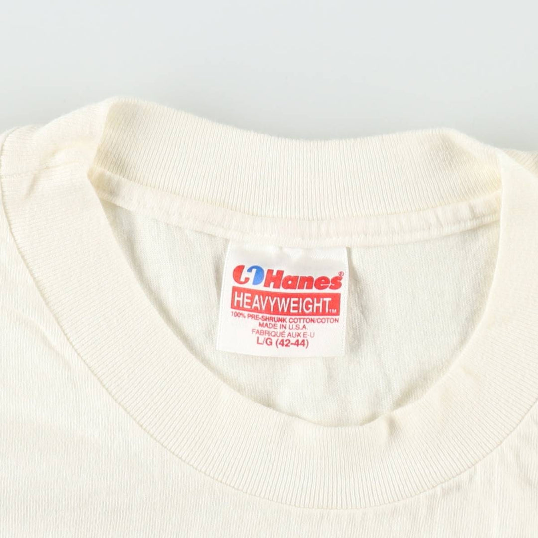 Vintage 90'S Hanes Heavyweight Printed T-shirt, Made in USA, Men's L size cotton ivory Vintage Second Hand