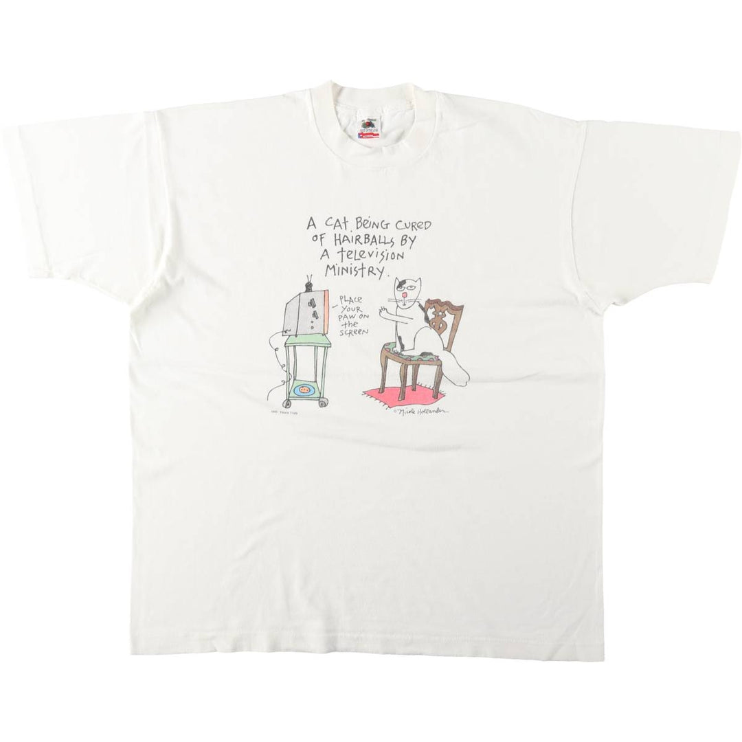 90'S Fruit of the Loom Art T-Shirt, Made in USA, Men's XL equivalent, Vintage cotton white type Vintage Second Hand