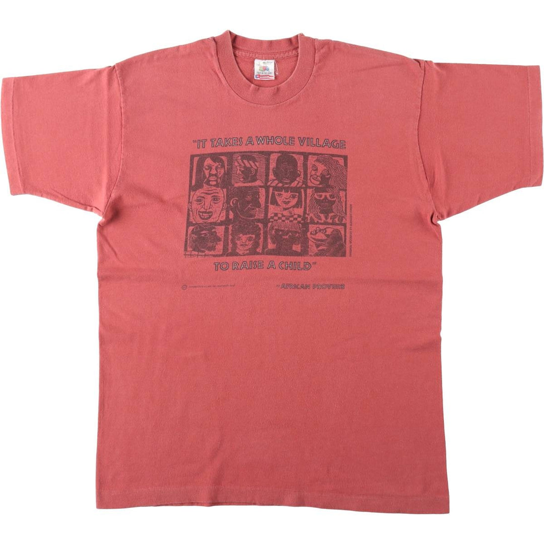 90'S Fruit of the Loom Message Print T-Shirt Made in USA Men's L Size Vintage cotton red type Vintage Second Hand