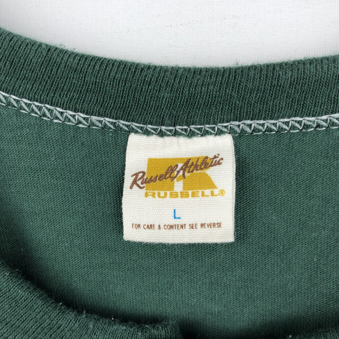 ~1980'S Russell Gold Tag Henley Neck College T-Shirt, Men's Size L (Equivalent), Vintage cotton Green type dark green Vintage Second Hand