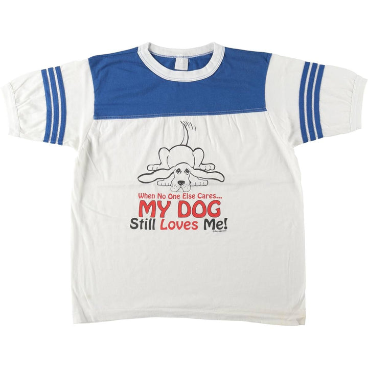 Dog print football t-shirt, men's size M, vintage. unclear white type Vintage Second Hand