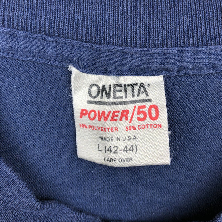 90'S ONEITA POWER 50 Print T-Shirt, Made in USA, Men's Size L (approx.) polyester navy blue type Vintage Second Hand