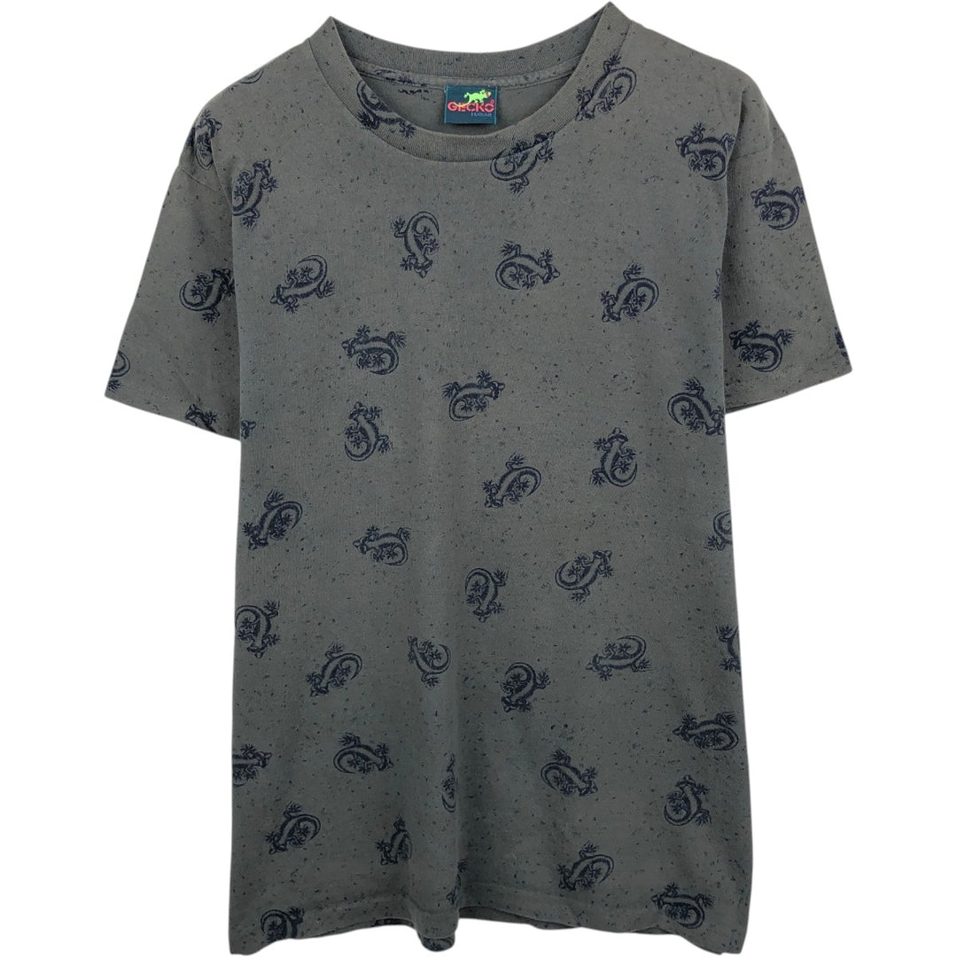 ~90'S Gecko Hawaii all-over print T-shirt, Made in USA, Men's size L equivalent, Vintage cotton dark green Vintage Second Hand