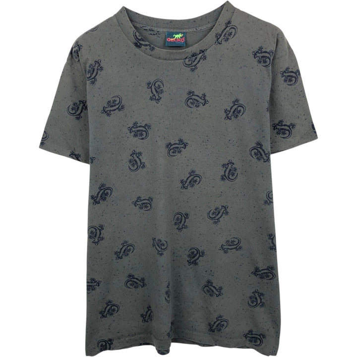 ~90'S Gecko Hawaii all-over print T-shirt, Made in USA, Men's size L equivalent, Vintage cotton dark green Vintage Second Hand