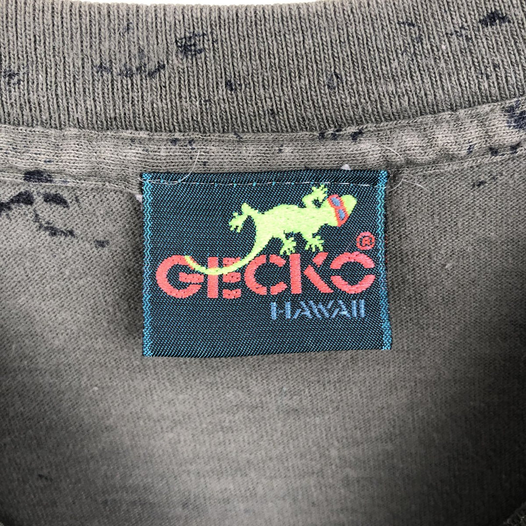 ~90'S Gecko Hawaii all-over print T-shirt, Made in USA, Men's size L equivalent, Vintage cotton dark green Vintage Second Hand