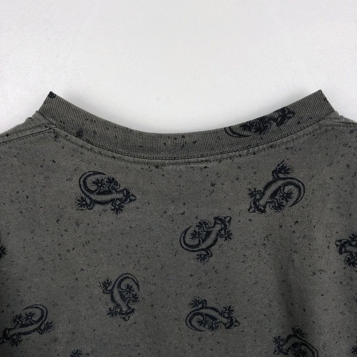 ~90'S Gecko Hawaii all-over print T-shirt, Made in USA, Men's size L equivalent, Vintage cotton dark green Vintage Second Hand