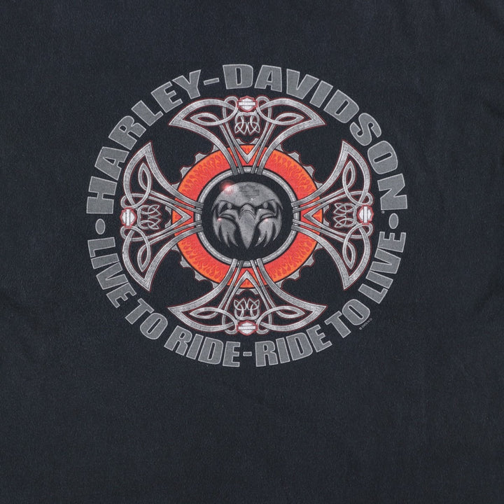 Harley-Davidson Eagle Pattern Motorcycle T-Shirt, Made in USA, Men's XXL (approx.) cotton black type Vintage Second Hand