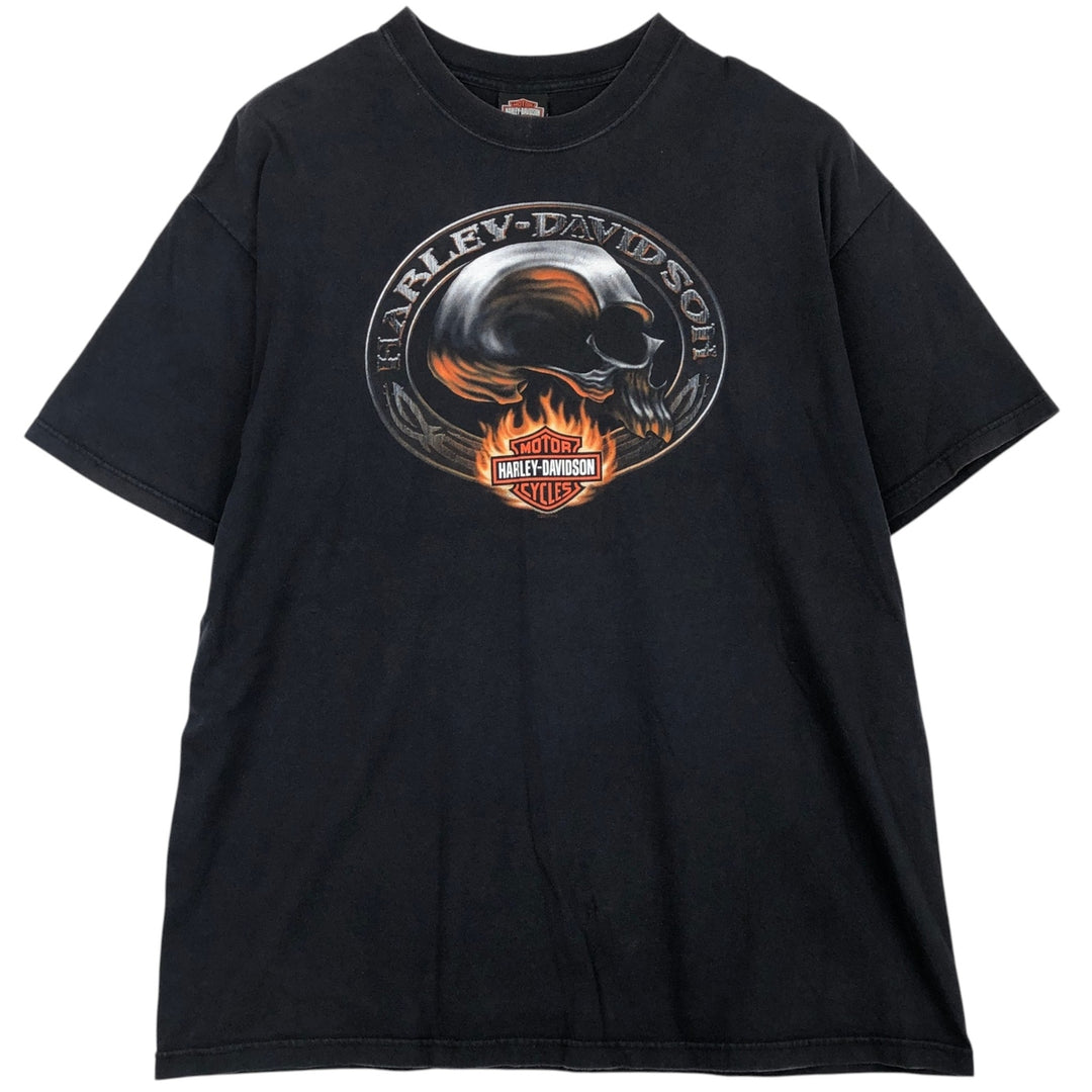 2000'S Harley-Davidson Skull Pattern Fire Pattern Motorcycle T-Shirt, Made in USA, Men's XXL equivalent. cotton black type Vintage Second Hand