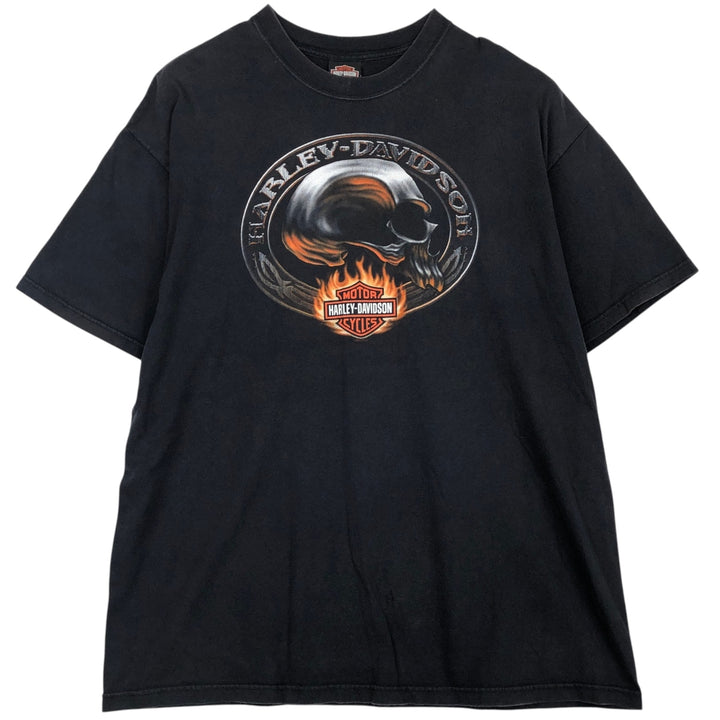 2000'S Harley-Davidson Skull Pattern Fire Pattern Motorcycle T-Shirt, Made in USA, Men's XXL equivalent. cotton black type Vintage Second Hand