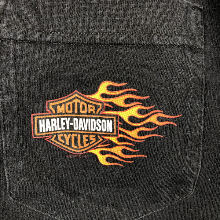 00'S Harley Davidson Eagle Pattern Fire Pattern Motorcycle Bike T-shirt Men's XL size unclear black type Vintage Second Hand