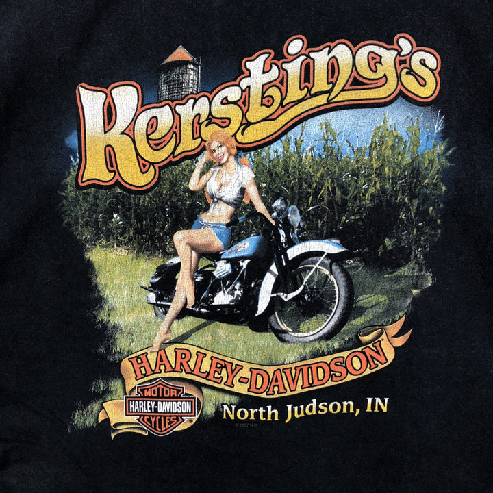 2000'S Harley-Davidson Pin-Up Girl Motorcycle Bike T-Shirt, Made in USA, Men's XXL cotton Charcoal Vintage Second Hand