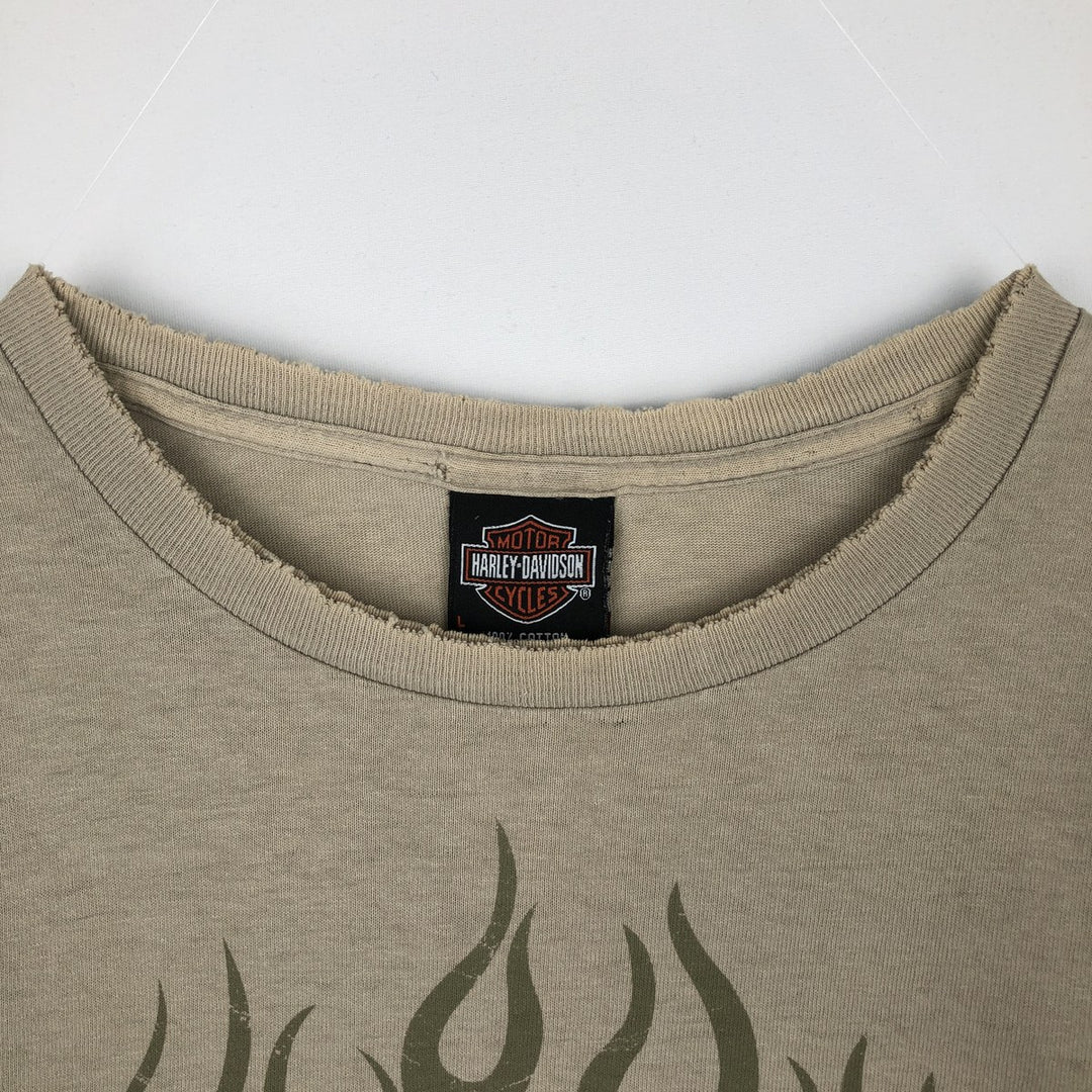 2000'S Harley-Davidson Eagle Pattern Fire Pattern Motorcycle Bike T-Shirt, Men's Size L cotton Beige type Vintage Second Hand