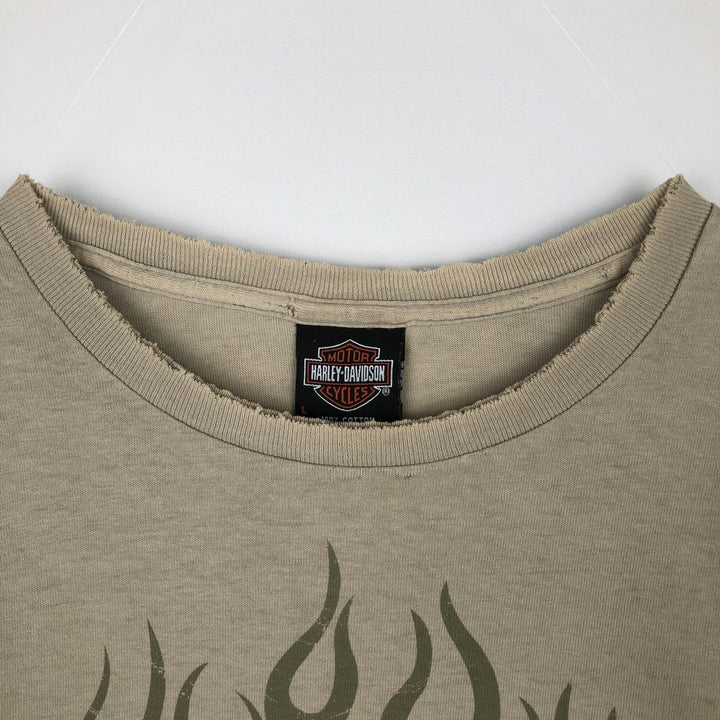 2000'S Harley-Davidson Eagle Pattern Fire Pattern Motorcycle Bike T-Shirt, Men's Size L cotton Beige type Vintage Second Hand