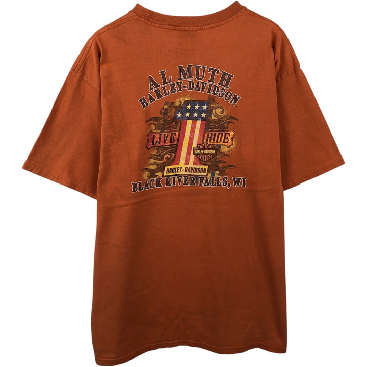 2000'S Harley-Davidson Eagle Pattern American Flag Motorcycle T-Shirt, Made in USA, Men's XL (approx.) cotton orange type Vintage Second Hand