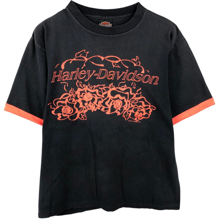 90'S Harley-Davidson Floral Motorcycle T-Shirt, Made in USA, Men's Size M (Equivalent), Vintage cotton black type Vintage Second Hand