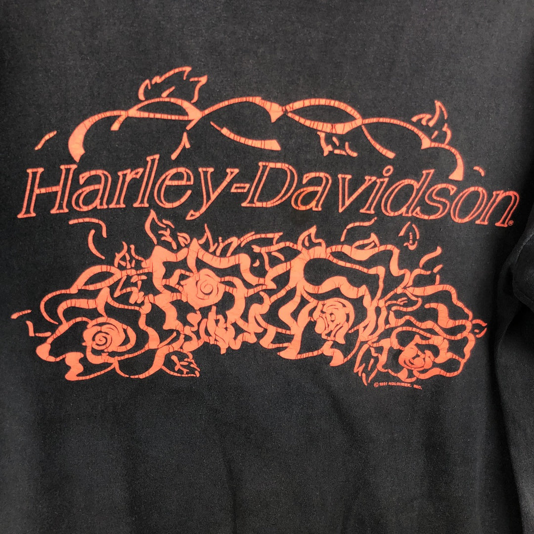 90'S Harley-Davidson Floral Motorcycle T-Shirt, Made in USA, Men's Size M (Equivalent), Vintage cotton black type Vintage Second Hand