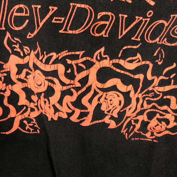 90'S Harley-Davidson Floral Motorcycle T-Shirt, Made in USA, Men's Size M (Equivalent), Vintage cotton black type Vintage Second Hand