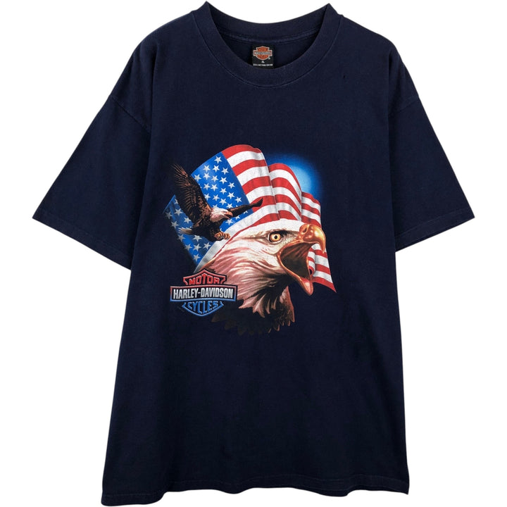 2000'S Harley-Davidson Eagle Pattern American Flag Motorcycle T-Shirt, Made in USA, Men's XL (approx.) cotton navy blue type Vintage Second Hand