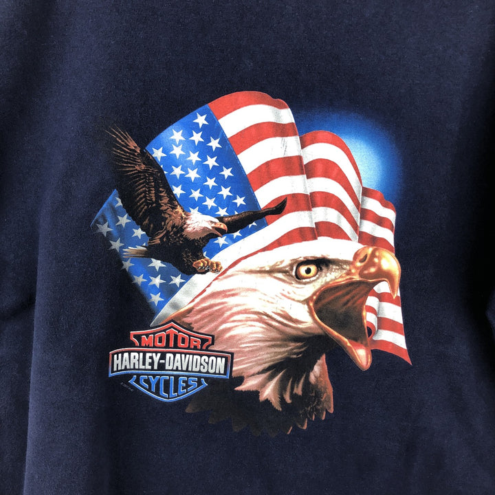 2000'S Harley-Davidson Eagle Pattern American Flag Motorcycle T-Shirt, Made in USA, Men's XL (approx.) cotton navy blue type Vintage Second Hand