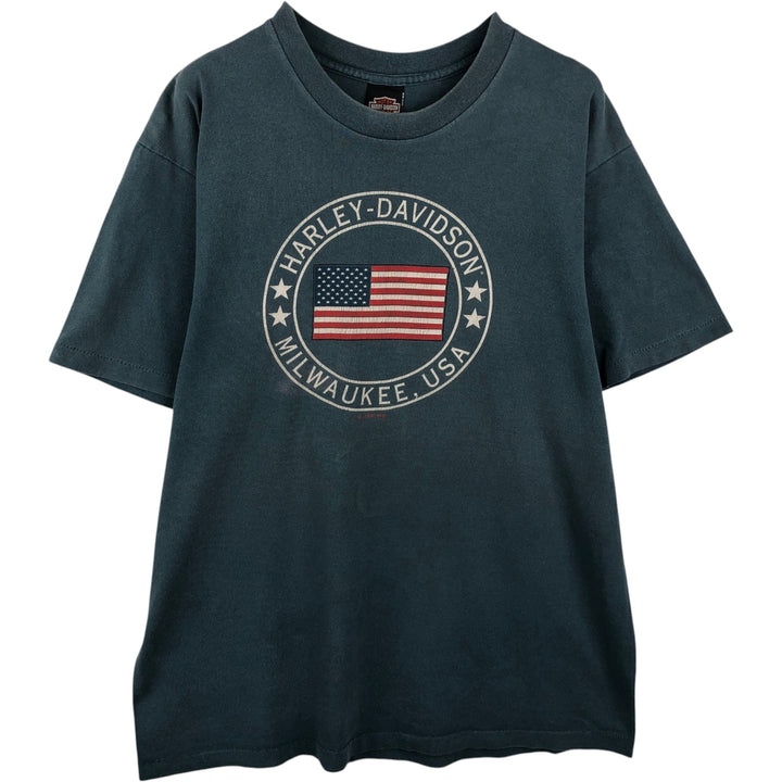 90'S Harley-Davidson American flag pattern motorcycle t-shirt, made in USA, men's size L equivalent, vintage. cotton Blue type light blue Vintage Second Hand