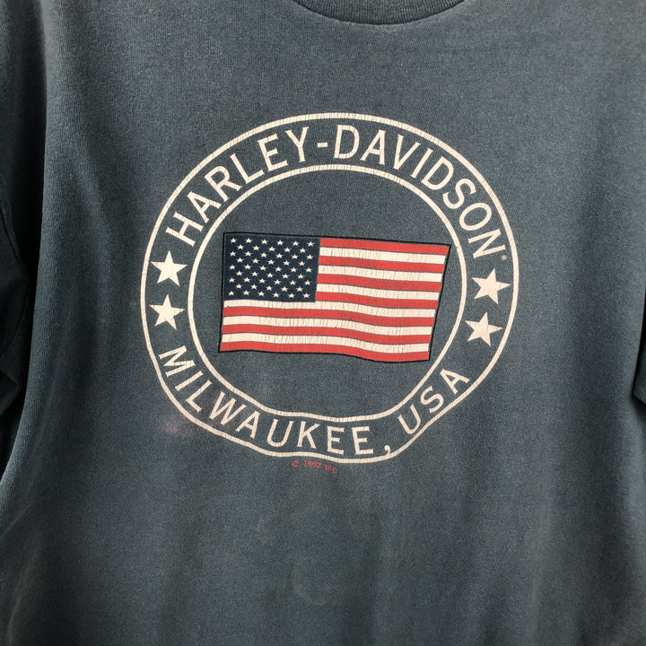 90'S Harley-Davidson American flag pattern motorcycle t-shirt, made in USA, men's size L equivalent, vintage. cotton Blue type light blue Vintage Second Hand