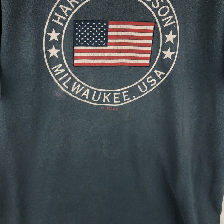 90'S Harley-Davidson American flag pattern motorcycle t-shirt, made in USA, men's size L equivalent, vintage. cotton Blue type light blue Vintage Second Hand