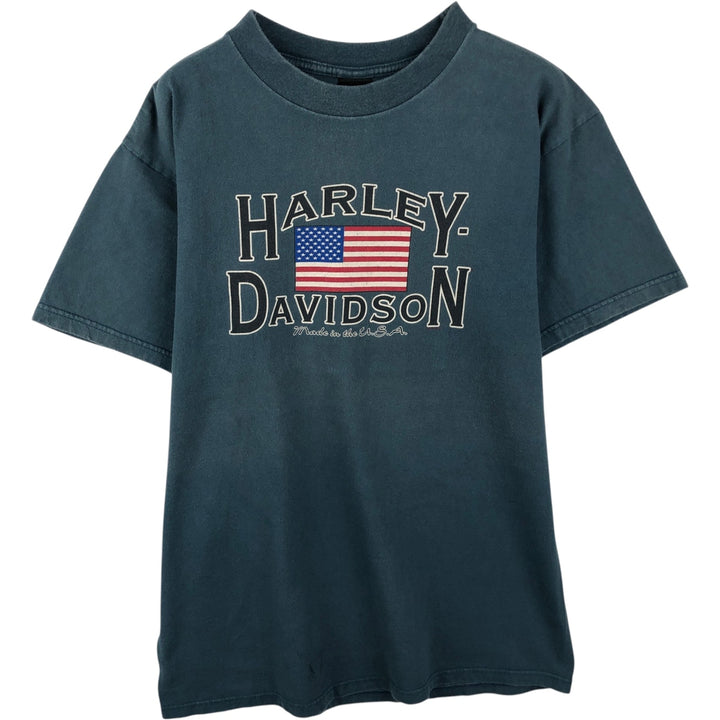 90'S Harley-Davidson American flag pattern motorcycle t-shirt, made in USA, men's size L equivalent, vintage. cotton Blue type light blue Vintage Second Hand