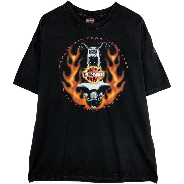 00'S Harley-Davidson Fire Pattern Motorcycle Bike T-Shirt Men's XL cotton black type Vintage Second Hand